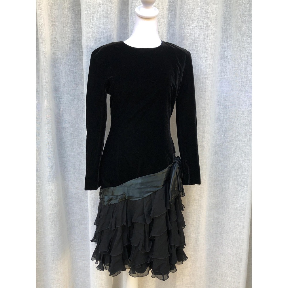 Mondi Germany 1990's Black Velvet tiered skirt Party knee length Dress